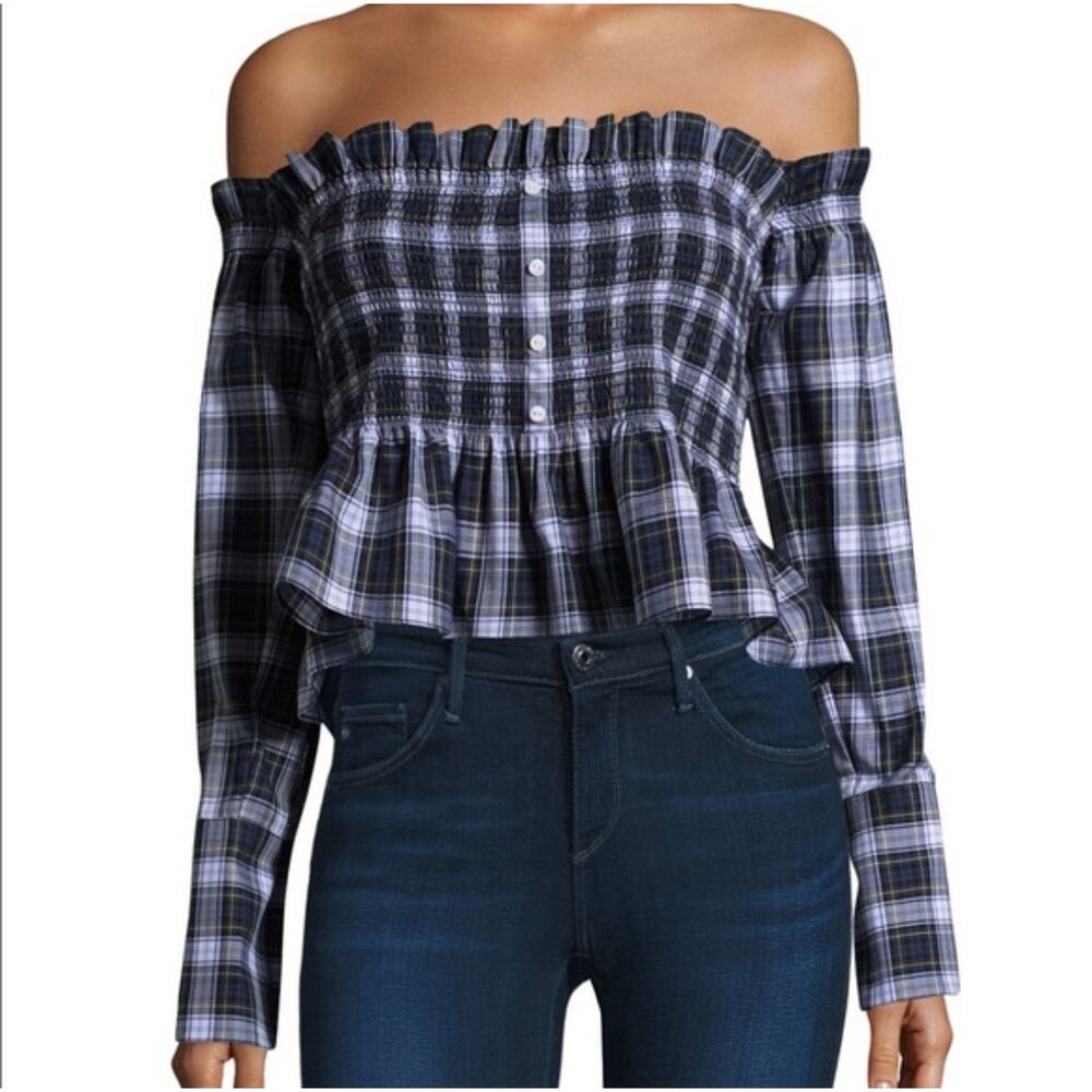 Petersyn 'Blaine' Dover Check Off-the-Shoulder Peplum Top M Plaid Academia Boho